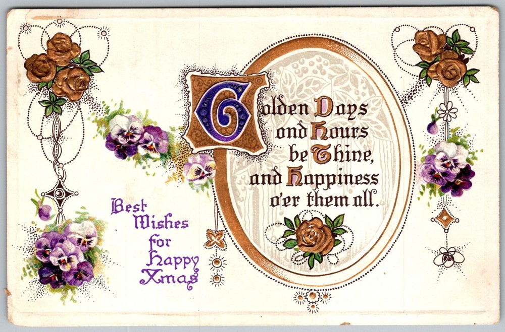 Antique Postcard Christmas Greeting Pansies Roses New York, NY 1910s