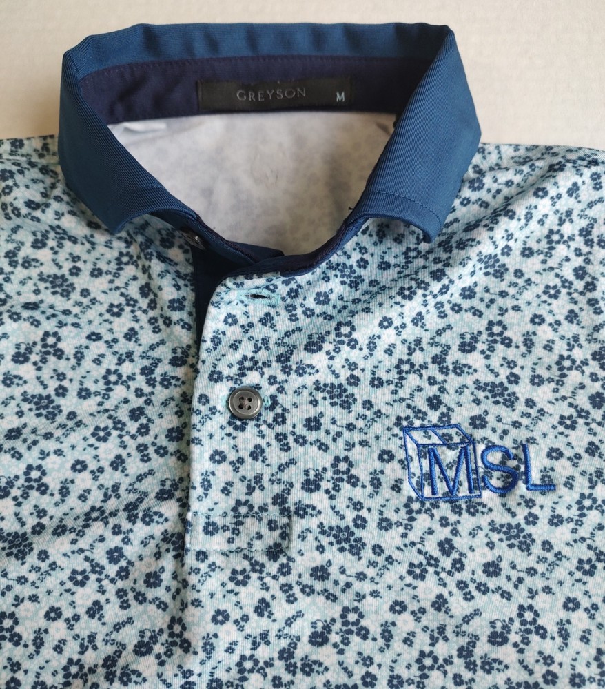 Greyson Golf Polo Shirt YOUTH M Blue Floral All Over Print Performance MSL