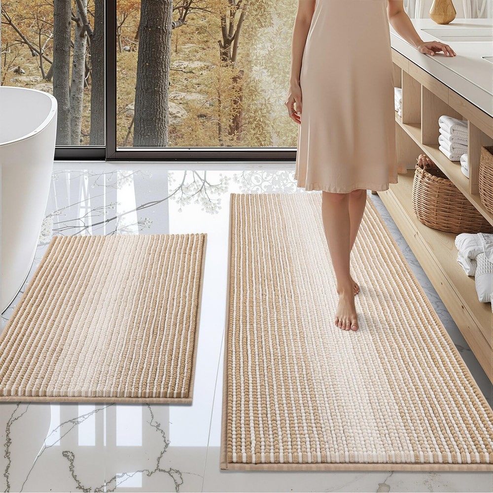 Bathroom Rugs and Mats Sets, 2 Piece Thick Absorbent Chenille Bath Mat Rug Se...