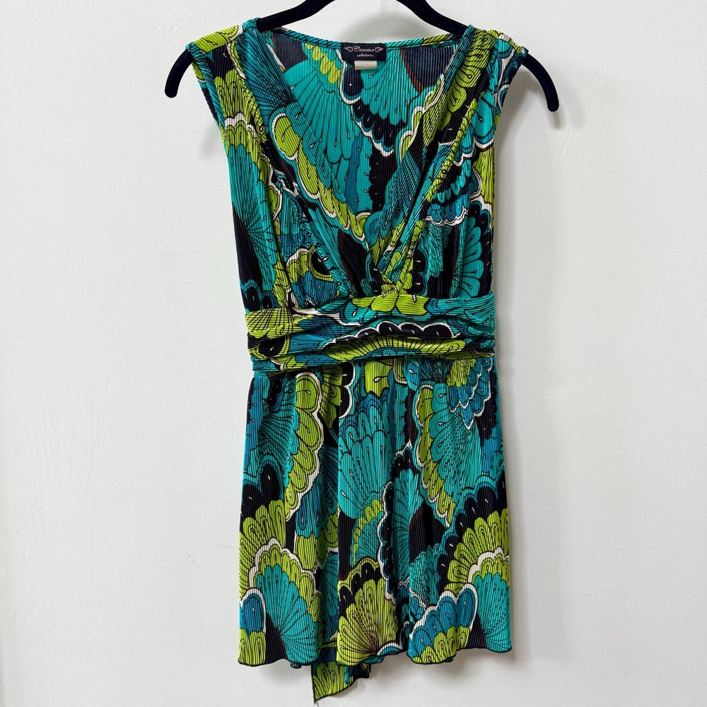 Cocomo Y2K Babydoll Top Tunic Size L Green Blue Pleated Abstract Tie Back Boho