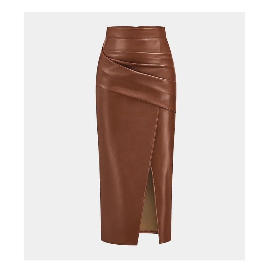 NWT Commense Ruched Slit PU Leather Midi Skirt in Camel, Size Large