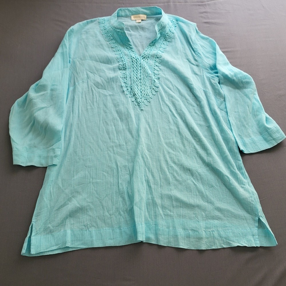 Appleseeds Womens Large Aqua Blue Cotton Gauze Crochet Trim Tunic Top Boho