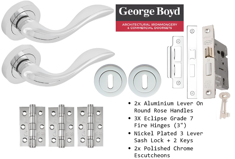 George Boyd Aluminium Key Lock Lever On Round Rose Full Door Handle Pack