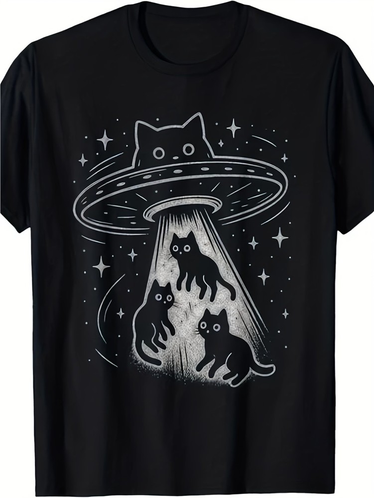 Funny Cat UFO Abduction Graphic T-Shirt Alien Space Cute Kitty Sci-Fi Tee Gift