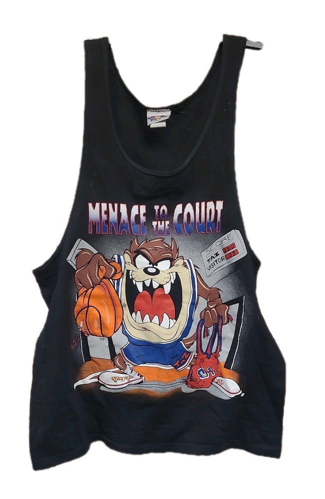 VTG 90s 1995 Looney Tunes by Freeze Taz Menace To The Court AOP Tank Top Mens L