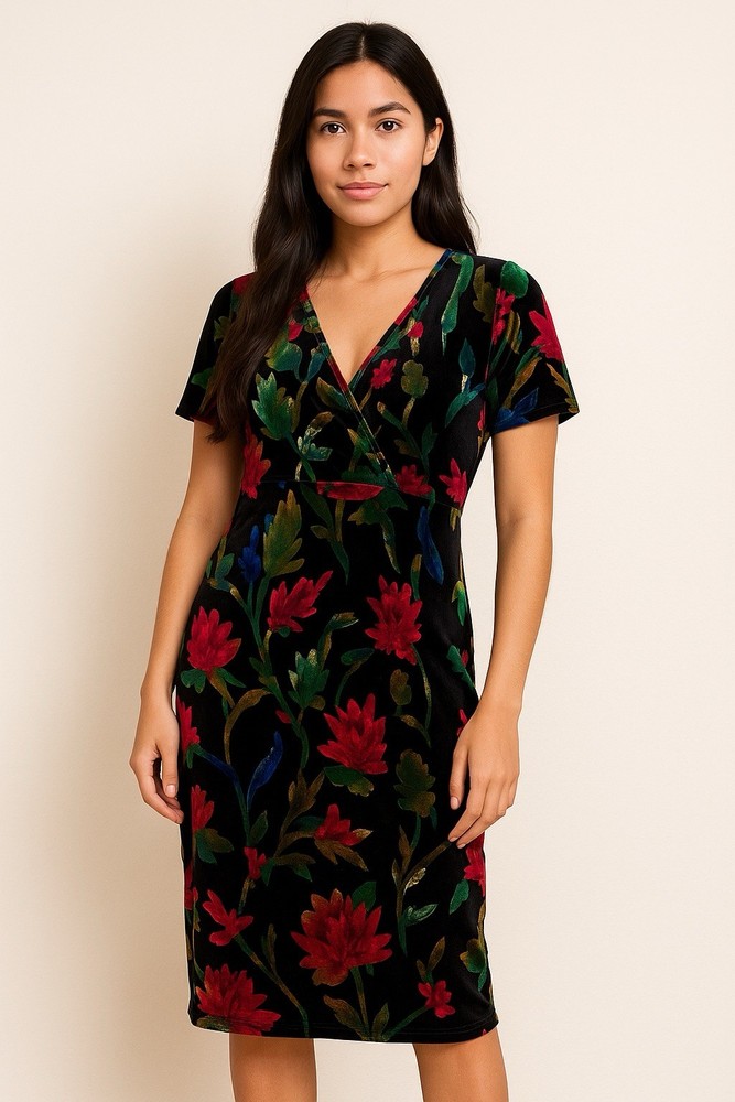 ZARA Trafaluc Velvet Floral Midi Dress Black Multicolor Short Sleeve Wrap M