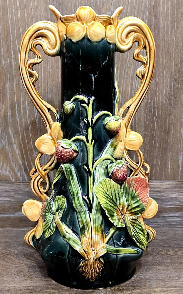 Antique Josef Strnact Majolica Vase Art Nouveau Strawberry Design 11.25