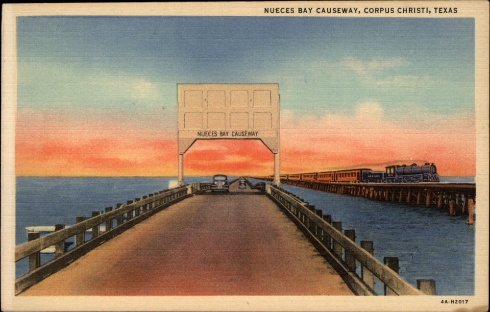 Nueces Bay Causeway Corpus Christi Texas train vintage postcard y944