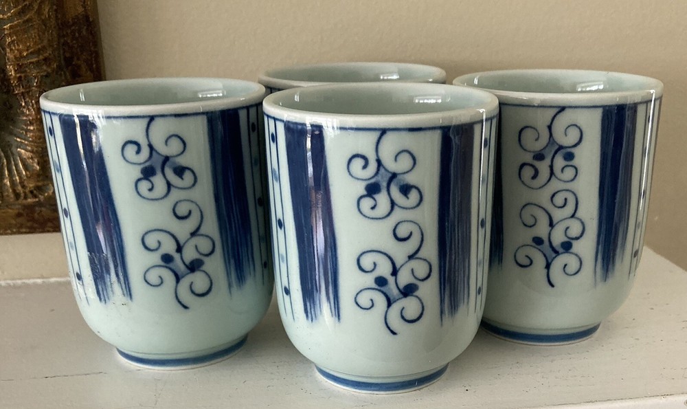 Set of 4 Japanese Sake Tea Cups Blue White Marked Footed Pottery Porcelain