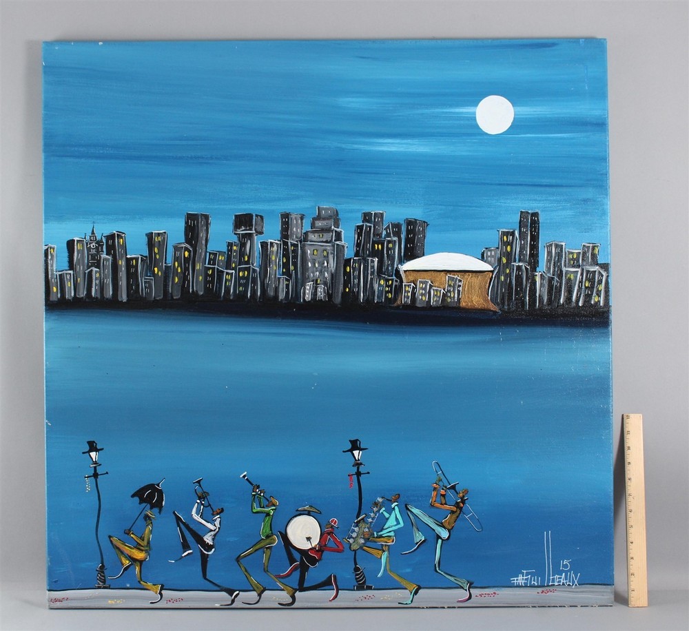 TROY GUILBEAUX New Orleans Struting Jazz Band Cityscape Black Americana PaintingSECOND LINE,  36x36 NO RESERVE Possible FREE Delivery
