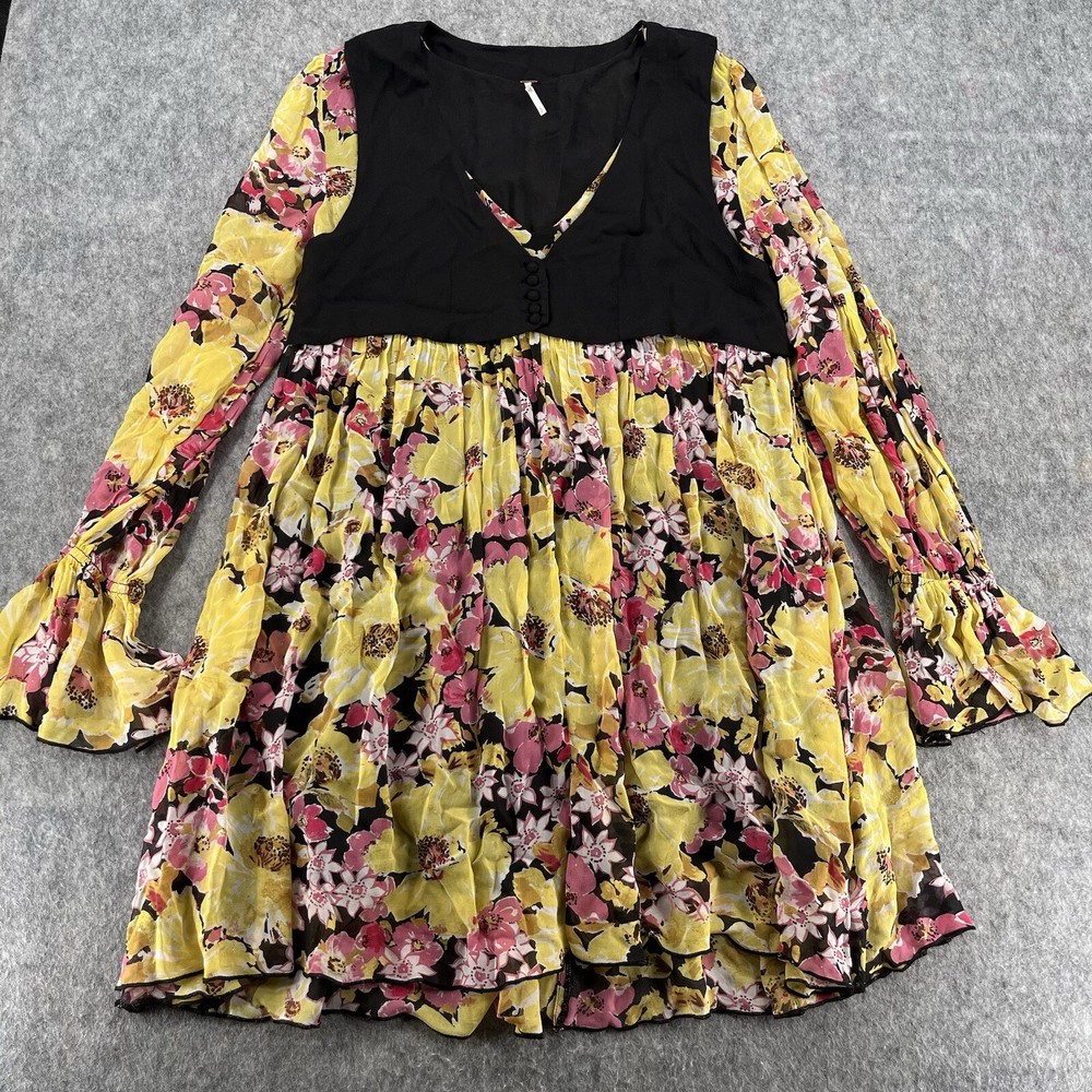 Free People Womens Alice Mini Vest Floral Flowy Long Sleeve Dress Size S