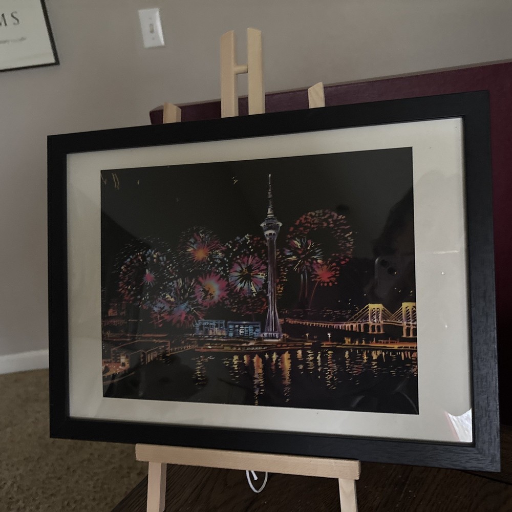 Completed and Framed Seattle 8x11 Scratch Art - Space Needle Picture