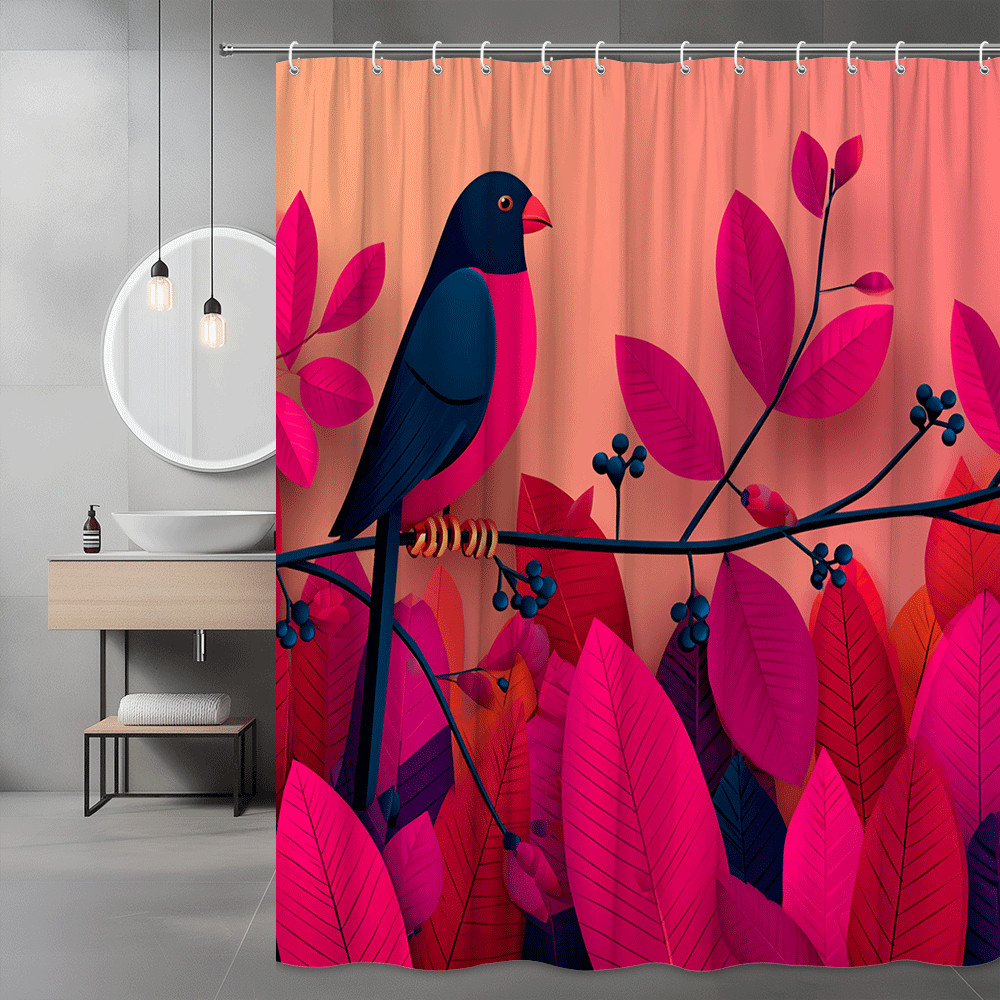 Bird and Leaves Shower Curtain Pink Tropical Print