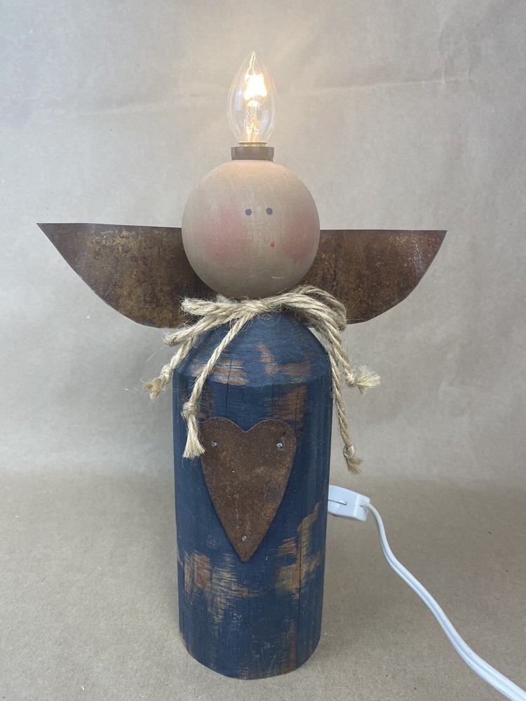 Vintage Angel Wood Lamp Folk Art  Primitive Accent Night Light No Shade