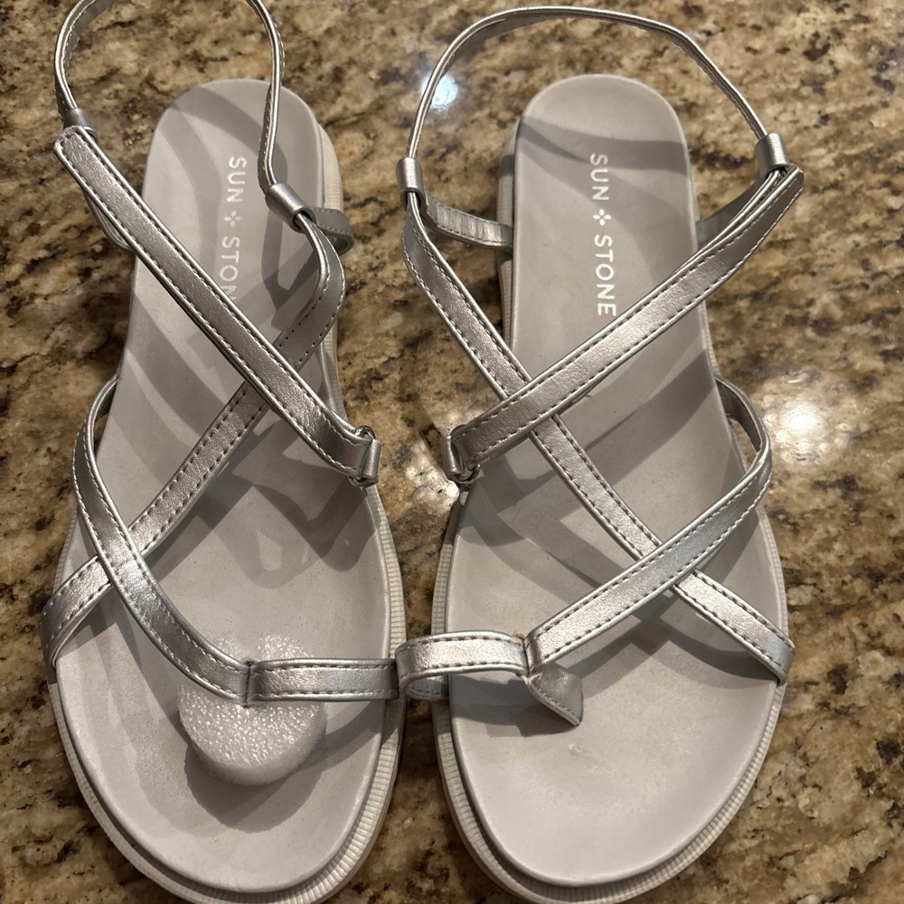 Sun Stone Mattie Women's Flat Silver Metallic Sandals with Faux Leather Size 6.5