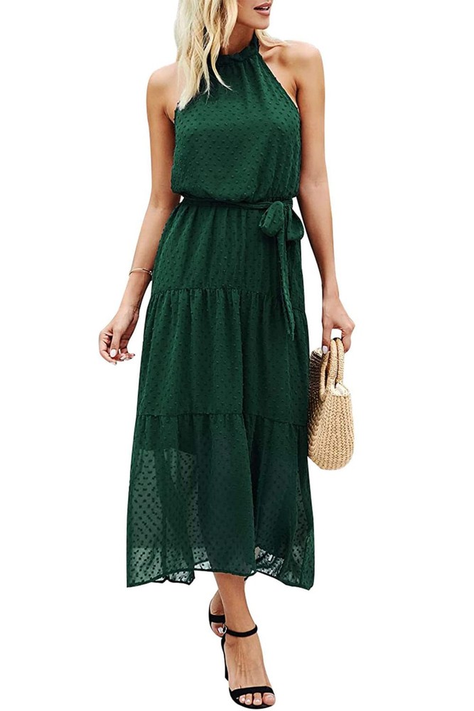 PRETTYGARDEN Women’s Halter Neck Long Backless Ruffle Dress Belt (Dark Green, S)