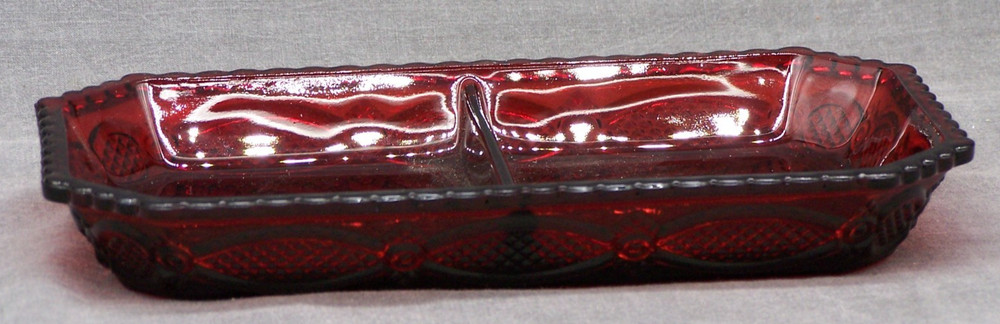 Vintage 2 Part Avon Ruby Red Cape Cod Divided Oblong Condiment Dish Relish Tray