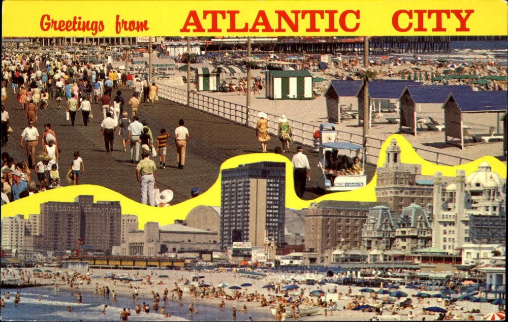 Atlantic City New Jersey NJ hotels boardwalk beach ~ 1970s vintage postcard