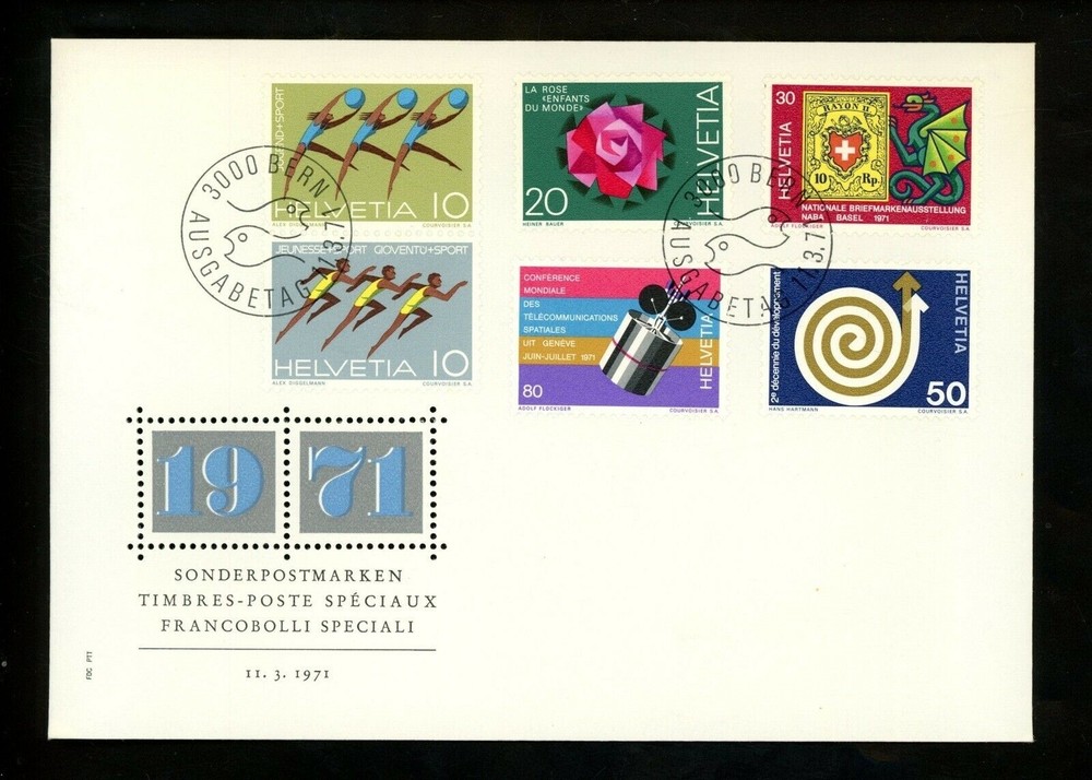 Postal History Switzerland FDC #524-529 Sports gymnastics rose space 1971