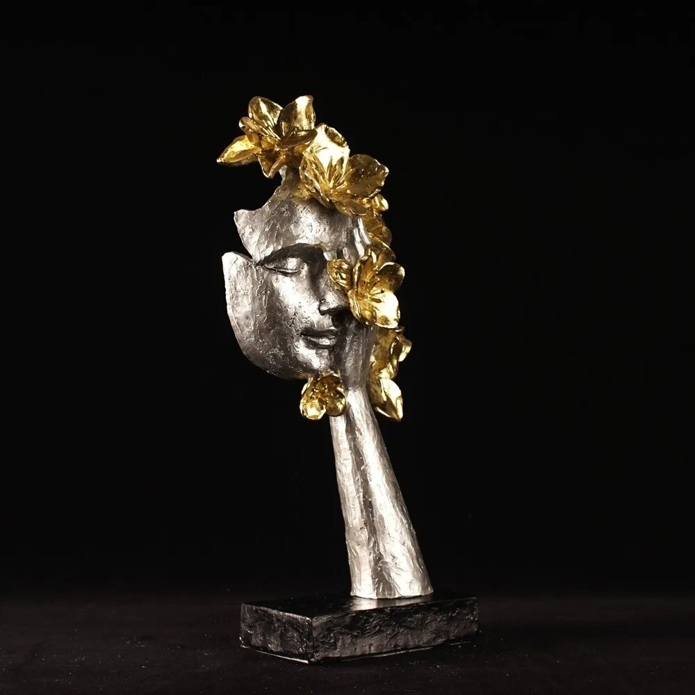 Abstract Face Sculpture with Golden Butterfly, Art Statue for Home Office Decor-image