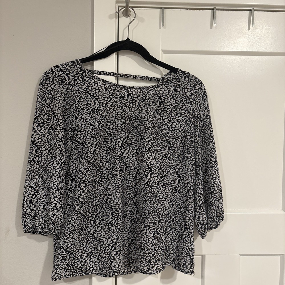 Skies Are Blue Women's SP Black White Floral Boho Flowy 3/4 Sleeve Blouse