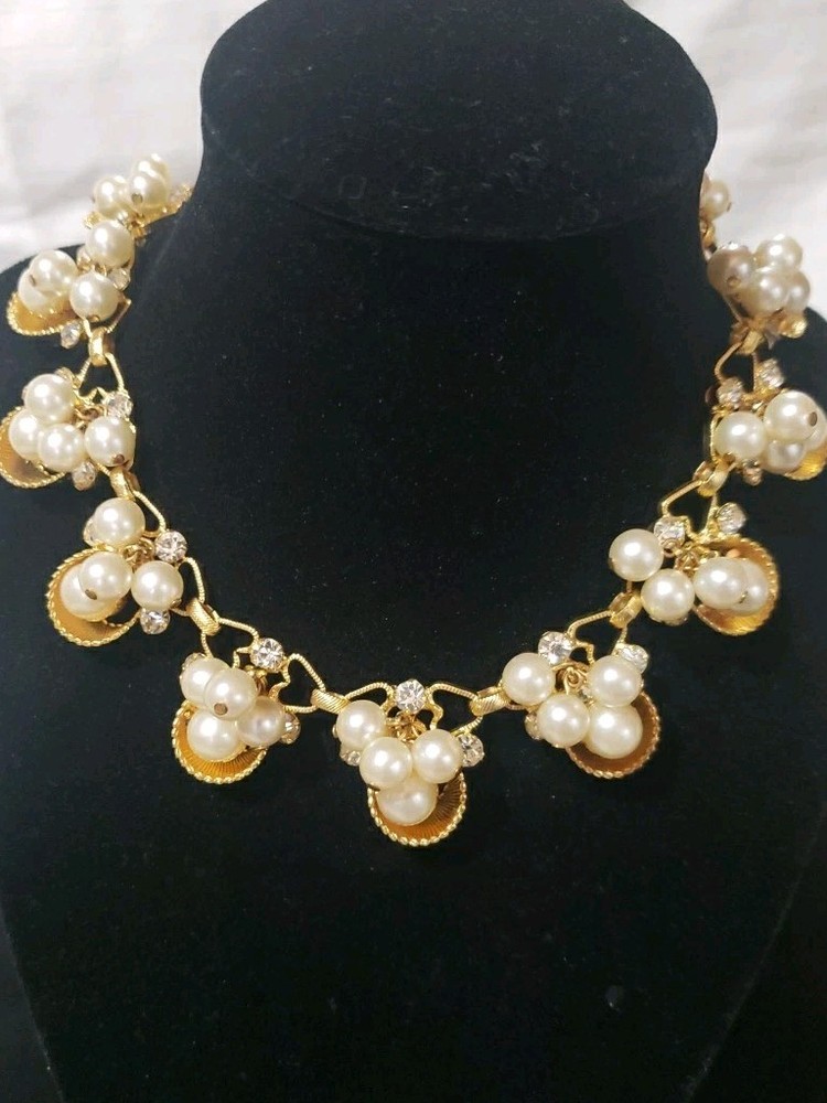 Vintage Frances Hirsch Faux Pearl Rhinestone Collar Necklace Mid-century
