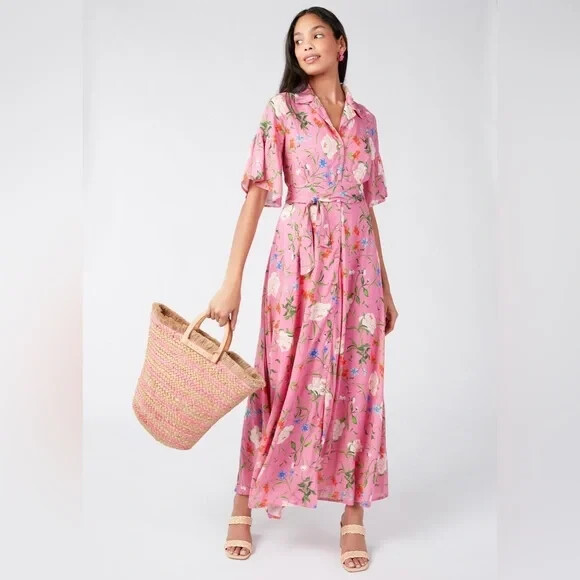 Abbey Glass NWOT Button Front Charlotte Gown in Pink Tossed Floral Size XS