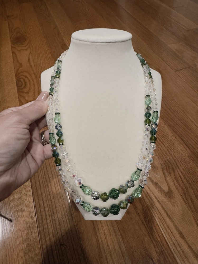 Vtg Vendome Signed Green Clear Crystal Glass AB Beaded Double Strand Necklace