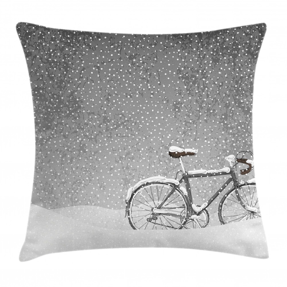 16in Winter Bicycle Snow Scene Square Throw Pillow Case Cover Calm Design