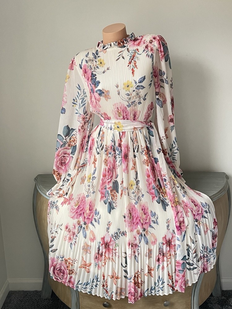Vestido Plisado Tomate Volador L Grande Cottagecore Romántico Midi Marfil Floral 12