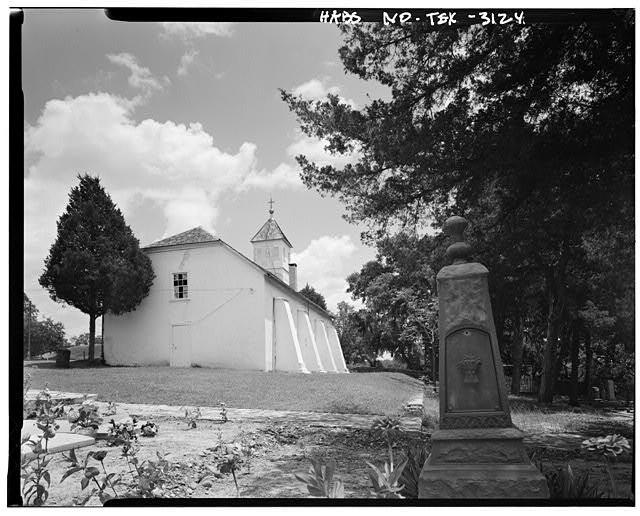 Photo:Texas 1972 Spanish Mission Church Cemetery Monument Trees