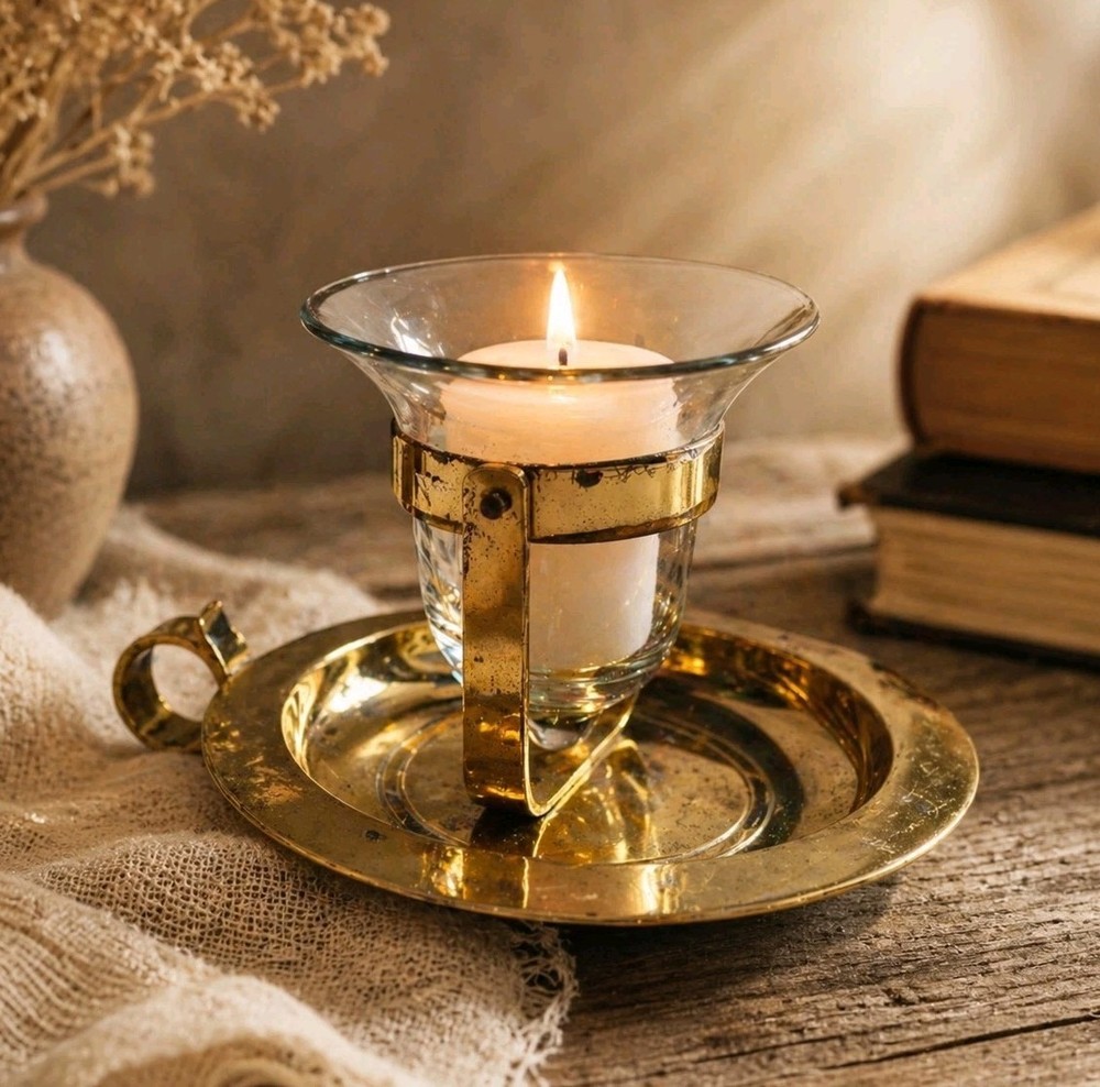 Vintage Brass Chamberstick Candle Holder Glass Insert Finger Loop Patina