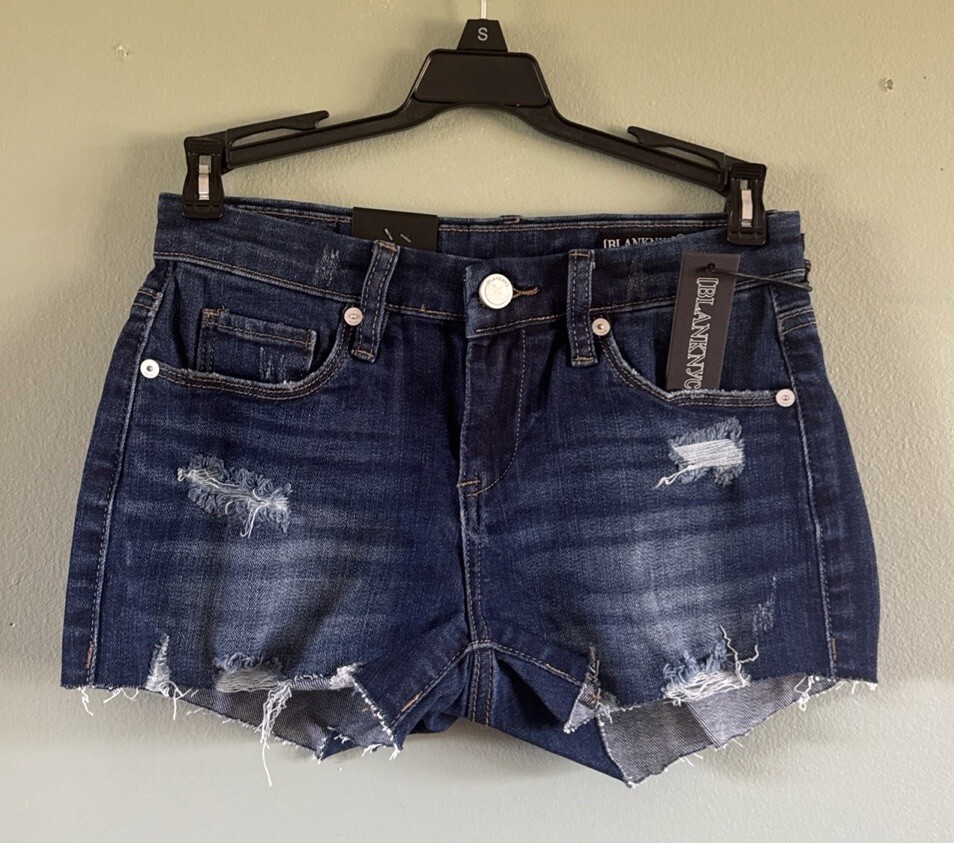 Blank NYC The Astor Cut-Off Denim Shorts High Rise Jean Distressed Blue Size 24