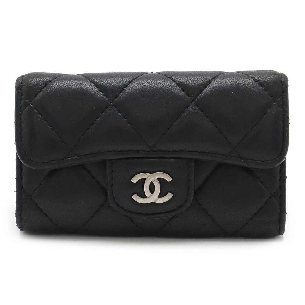 CHANEL Matelassé 6 Rings Key Case Holder Coco Mark Lambskin Leather Black Auth
