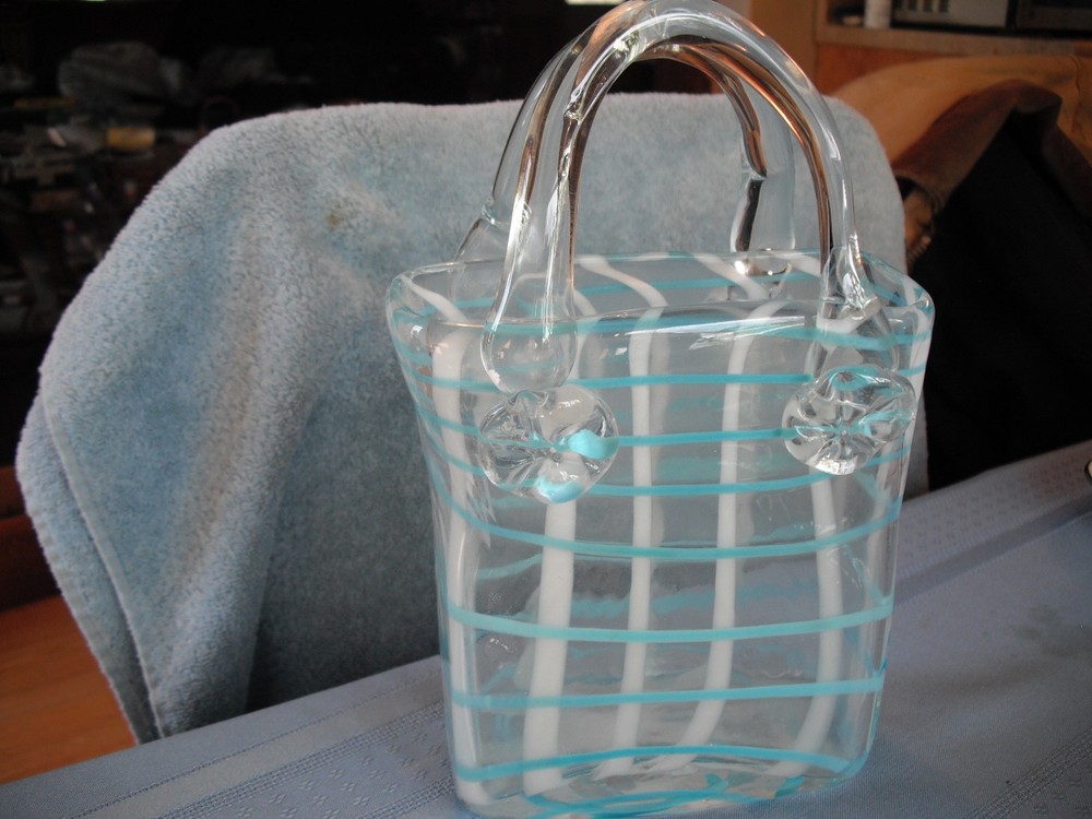 Vintage Murano Style Art Glass Purse Vase Blue & White