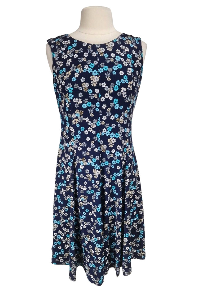 R & K Women Skater Knee Length Dress Size 10 Blue Floral Crew Neck Sleevele 317P