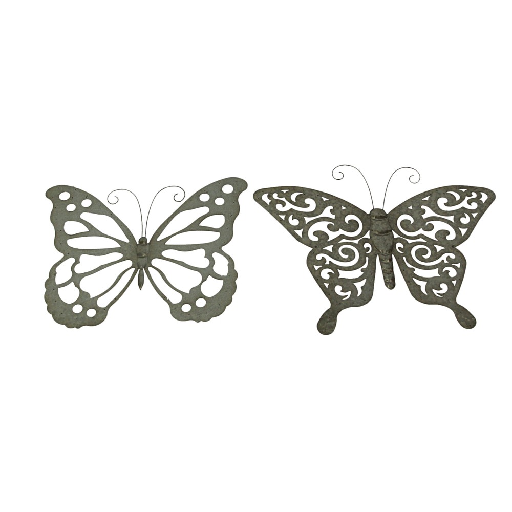 Galvanized Finish Metal Art Butterfly Wall Hangings Indoor Outdoor Set of 2