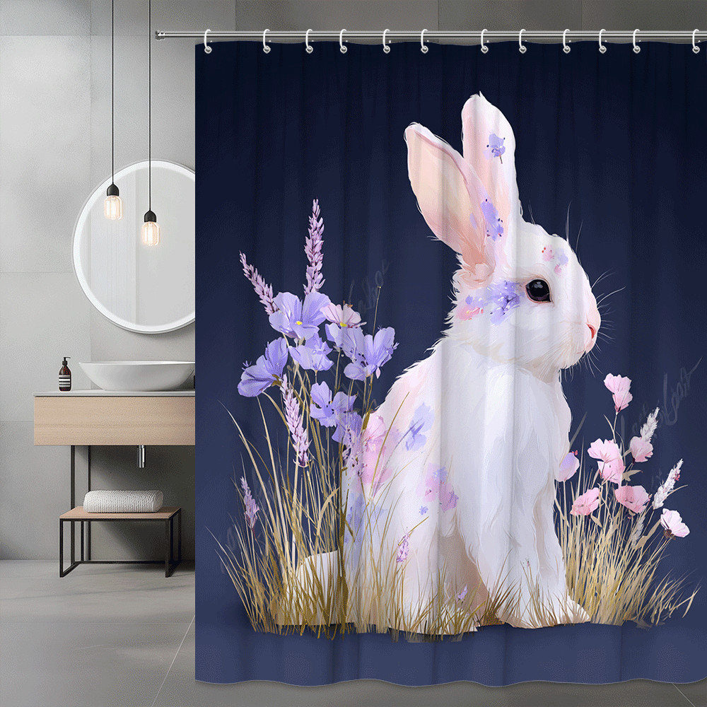 Rabbit Floral Shower Curtain White Bunny Art Print