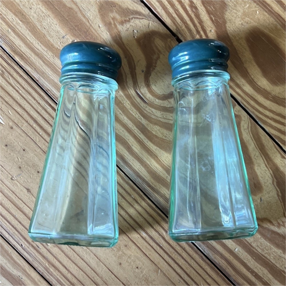Vintage Rectangle Glass Salt & Pepper Shakers with Green Metal Removable Lids