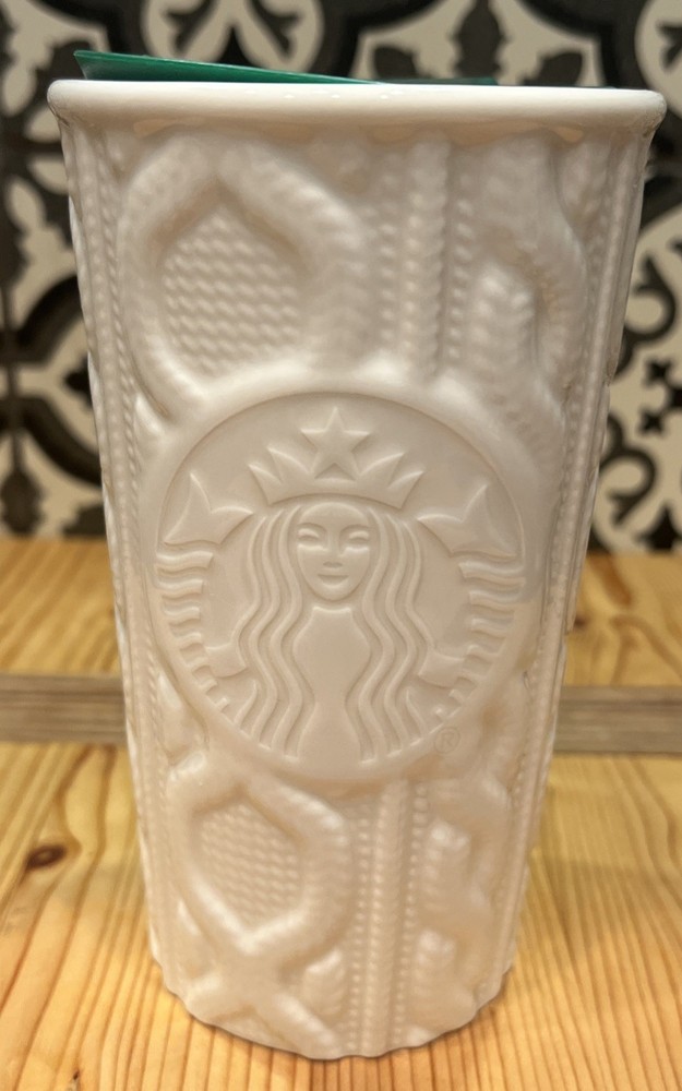 Starbucks White Cable Knit Sweater Ceramic Travel Tumbler 10oz