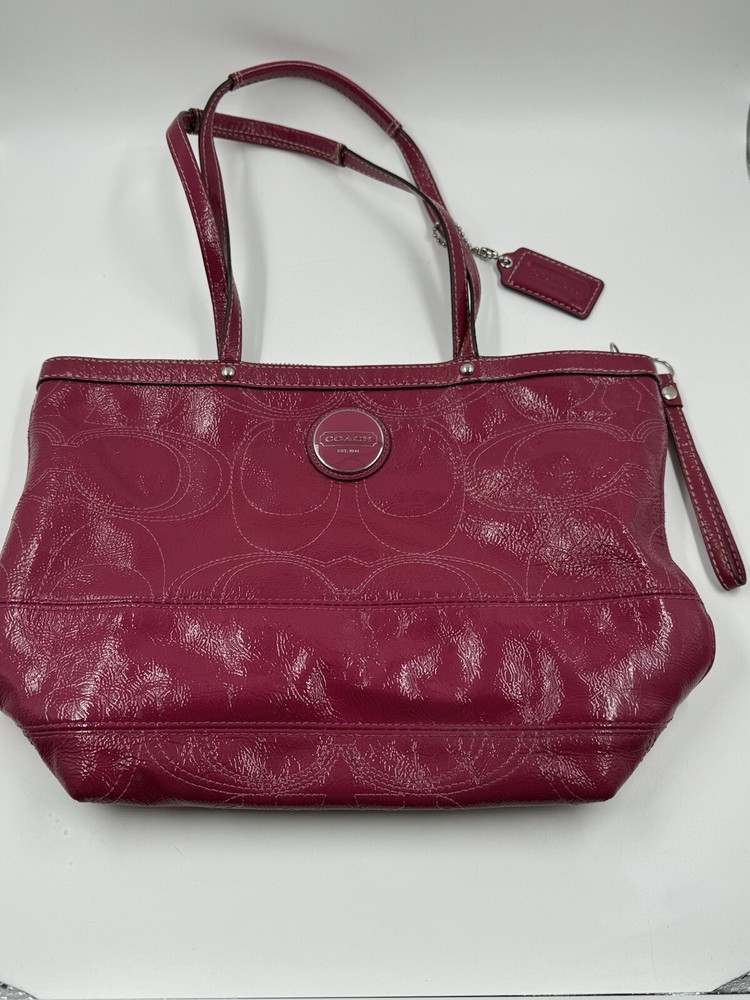 Coach Patent Leather Tote Shoulder Bag Op Art Signature Dark Pink  F15142 EUC