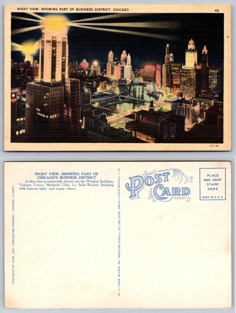 Vintage Chicago Night View Postcard c.1930s Linen Wrigley Tribune Tower
