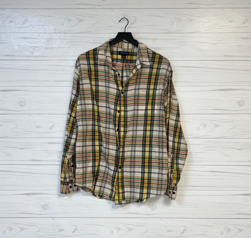 Lands End plaid shirt mens size large button up long sleeve regular fit yellow