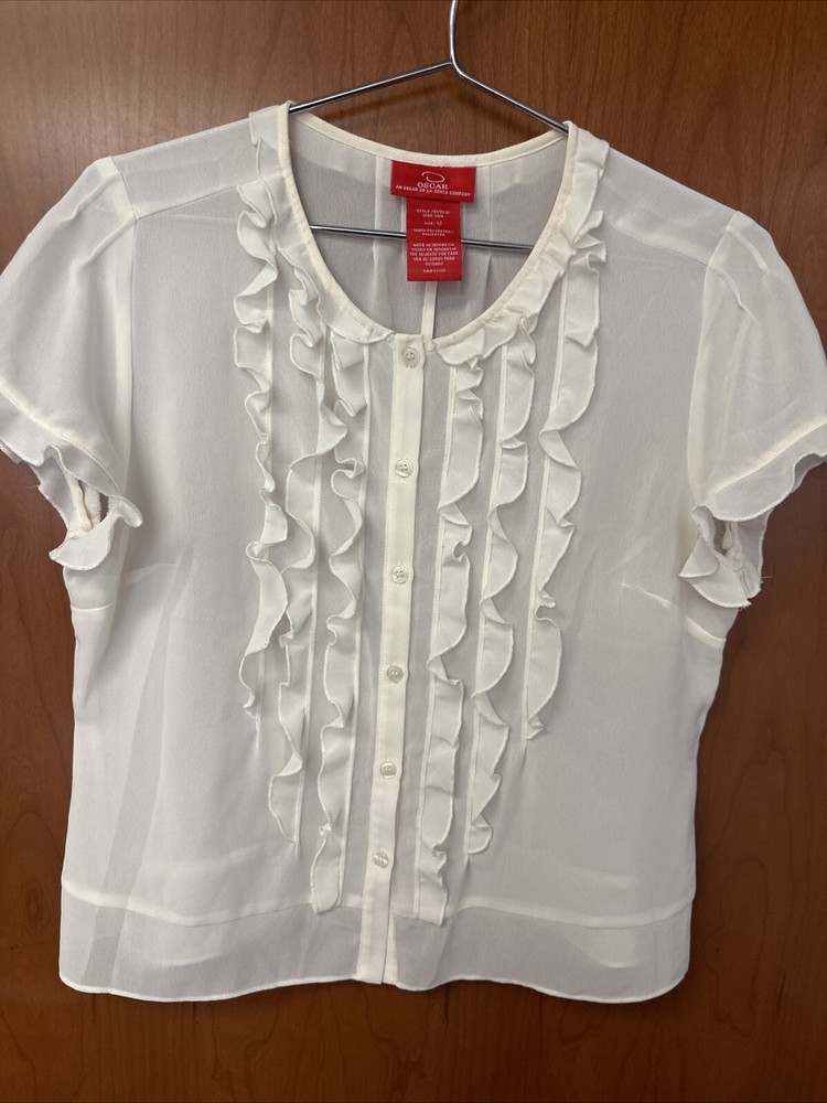 Oscar by Oscar De La Renta Ivory ruffled button up short sleeve  blouse size 12
