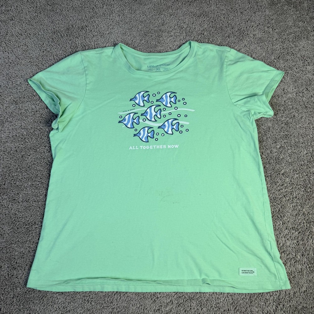 Life Is Good Shirt Womens XL Green Fish Graphic Crew Neck Tagless Short Sleeve