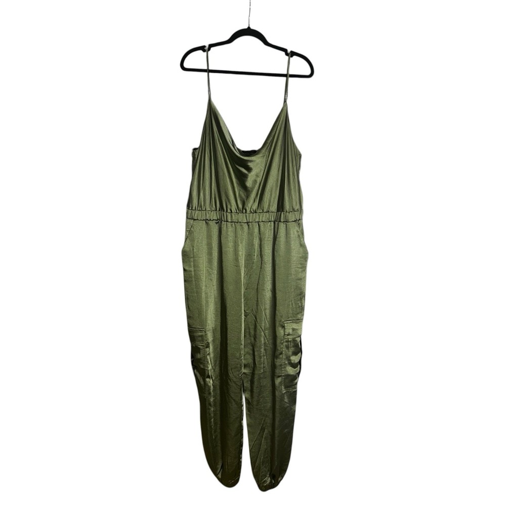 Skies Are Blue Satin Olive Green Jumpsuit Cargo Style Women’s Size Extra Large