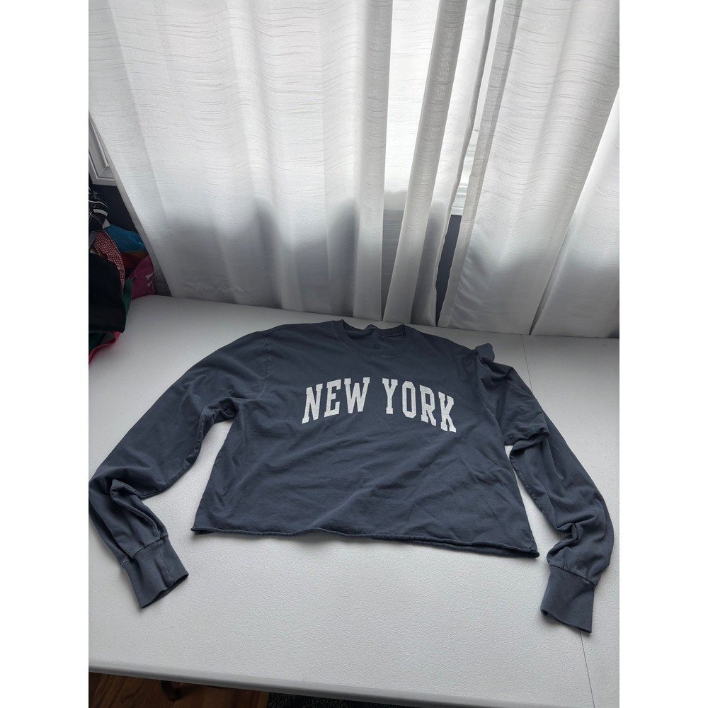 John Galt Brandy Melville New York Graphic Cropped Long Sleeve Tee Navy Blue OS