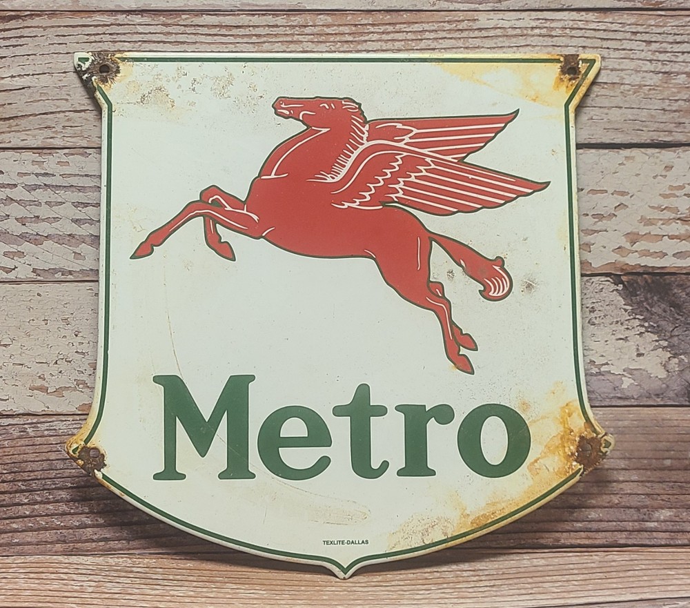 Vintage Mobil Metro Pegasus Porcelain Metal Sign - Texlite Dallas