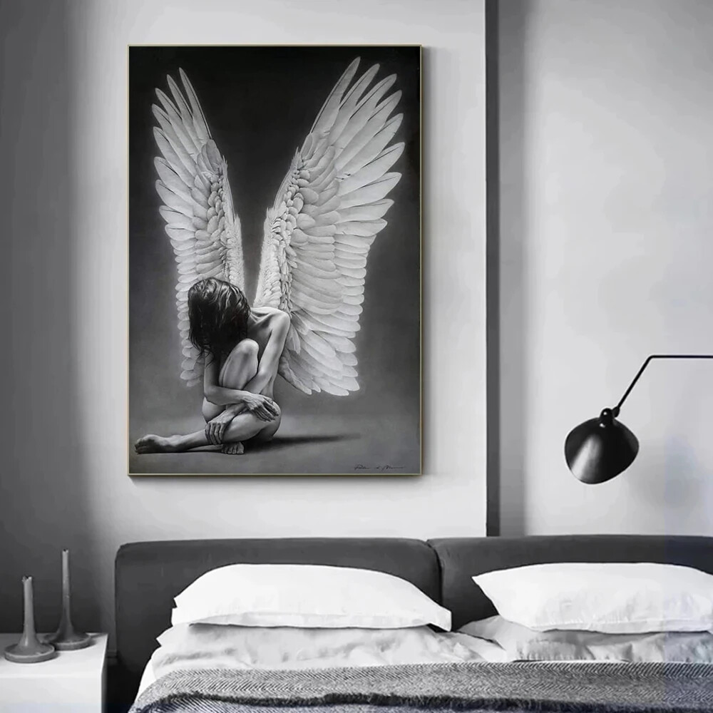 Black and White Artistic Angel Girl Poster Prints Wall Art Home Decor