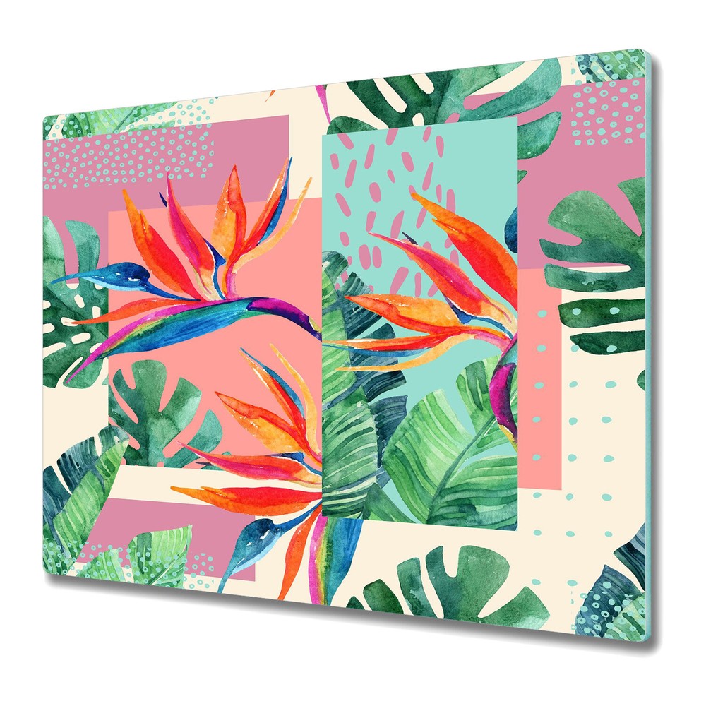 Glass Chopping Cutting Board Tropical Abstract Watercolour Colourful 60x52